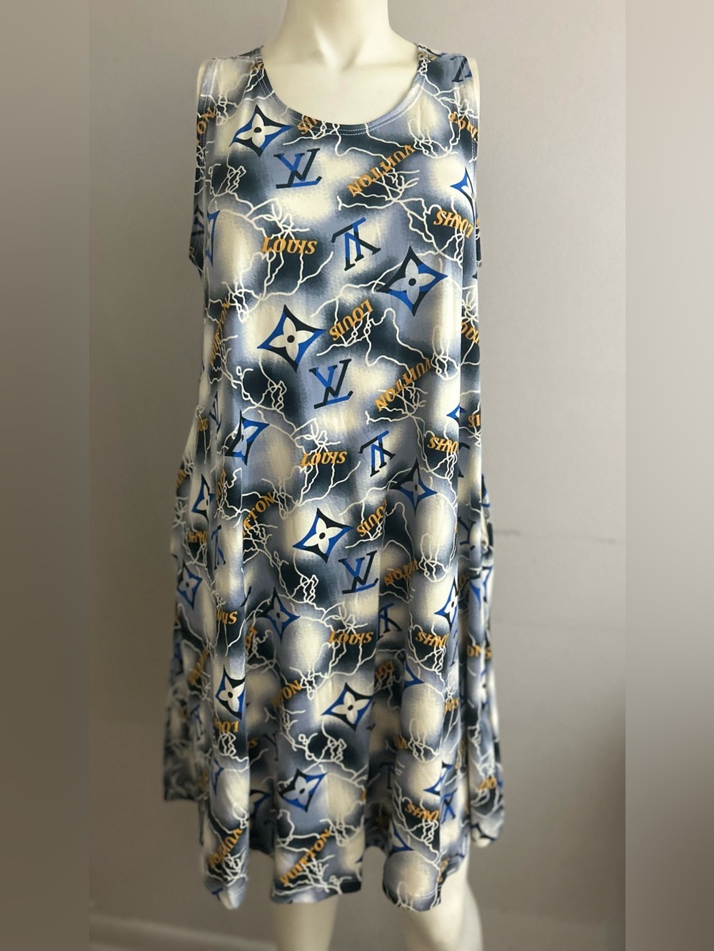 Sleeveless Midi Dress in Blue and Cream with Monogram Print